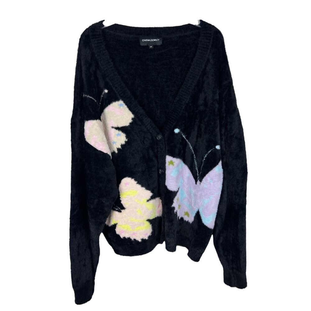 Cynthia Rowley Black Fuzzy Y2K Long Sleeve Multicolored Butterfly Cardigan M - Picture 4 of 8